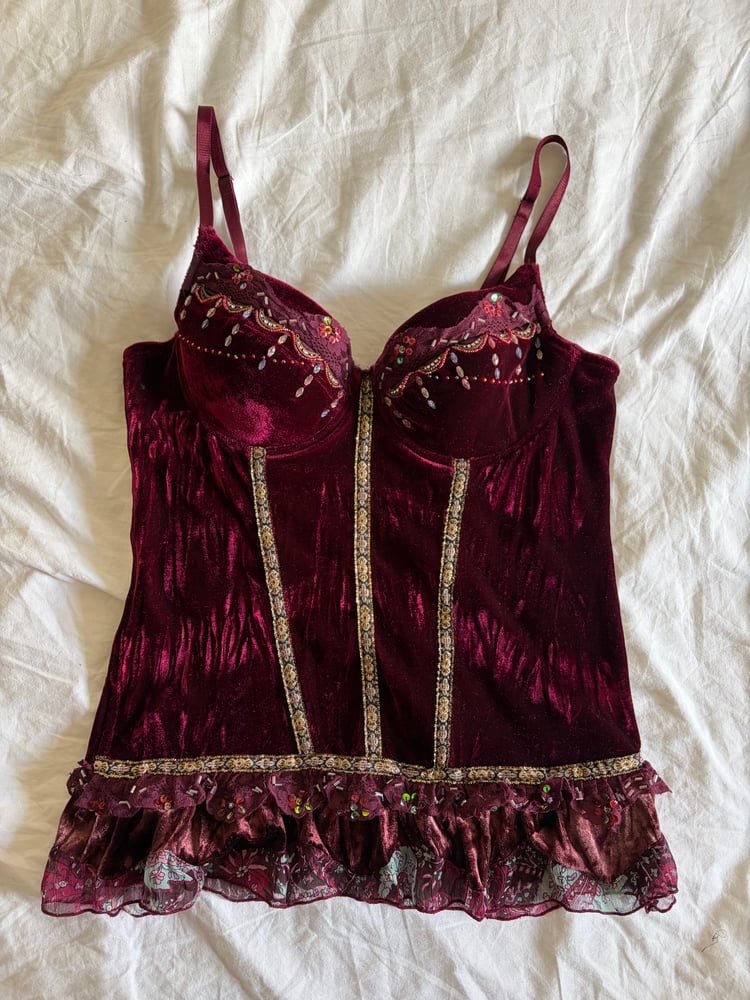 Y2K 2000s Rare Burgundy Corset Style Top With Sequins and Ruffle Hem