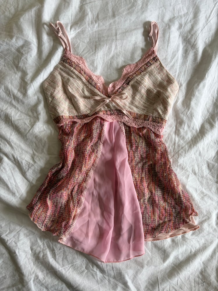 Vintage y2k pink fairy cami with asymmetrical hem and contrast detailing and bow