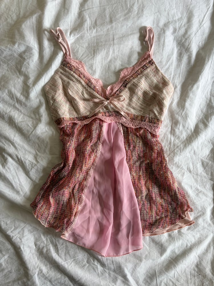 Vintage y2k pink fairy cami with asymmetrical hem and contrast detailing and bow