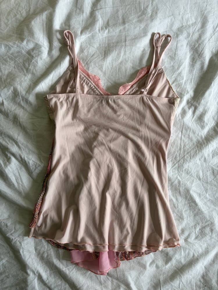 Vintage y2k pink fairy cami with asymmetrical hem and contrast detailing and bow