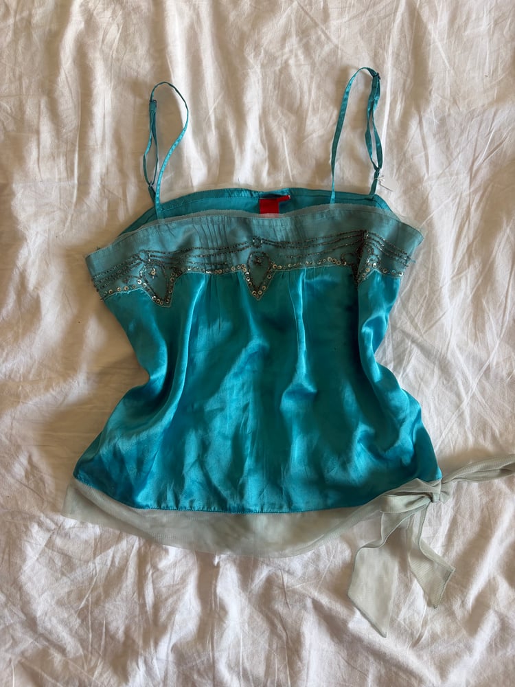 Vintage Y2K blue fairy mermaid cami with sequins and mesh
