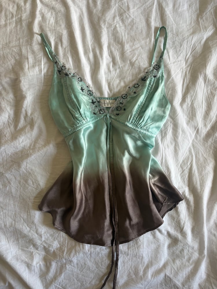 2000s y2k rare blue ombre fairy silk cami with asymmetrical hem and beaded details