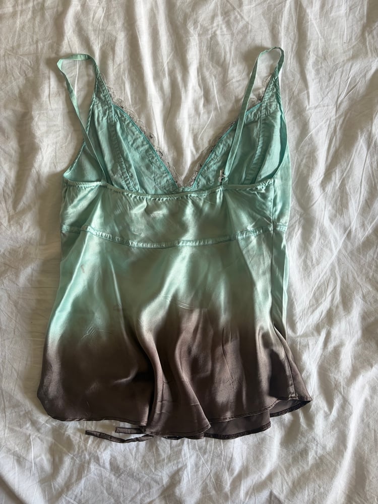 2000s y2k rare blue ombre fairy silk cami with asymmetrical hem and beaded details