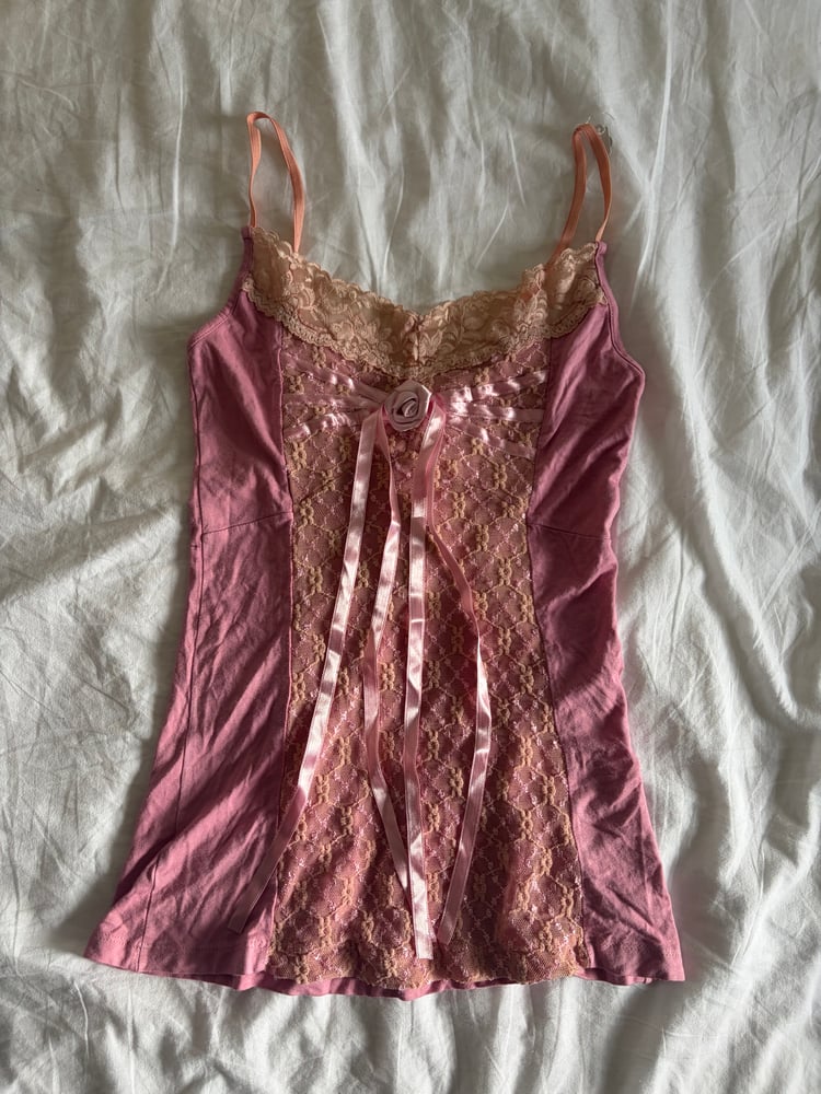 Vintage y2k pink fairy cami with contrast detailing and flower on the bust