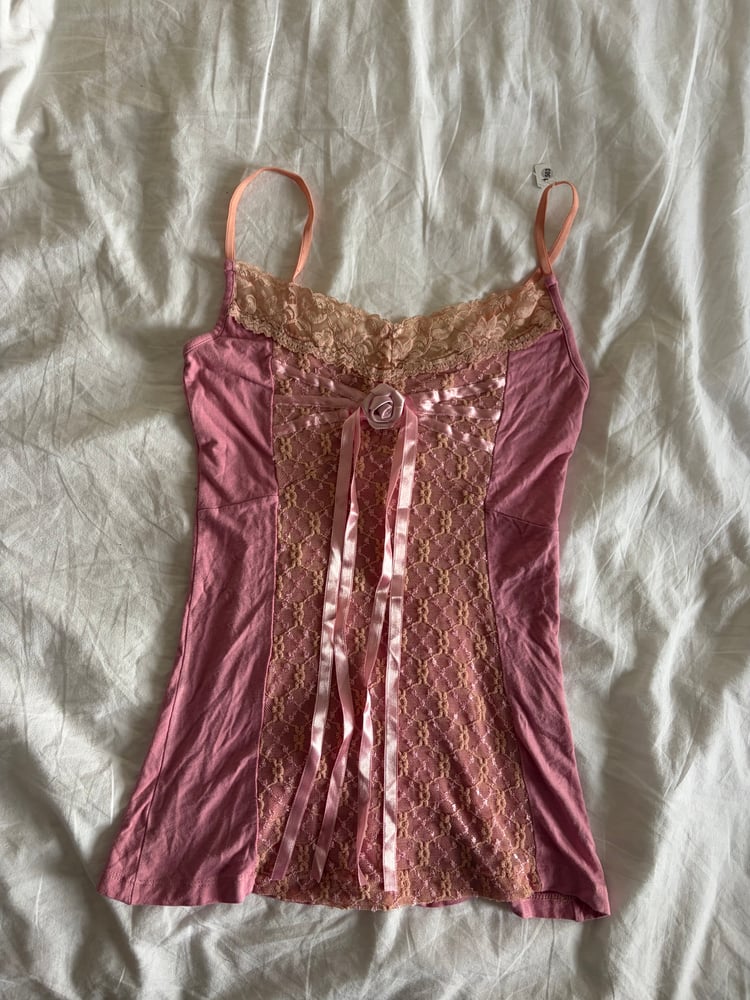 Vintage y2k pink fairy cami with contrast detailing and flower on the bust