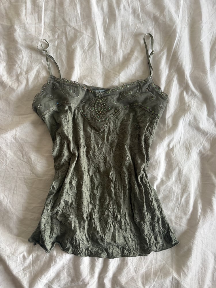 Y2K 2000s forest fairy crinkle cami with sequin and mesh