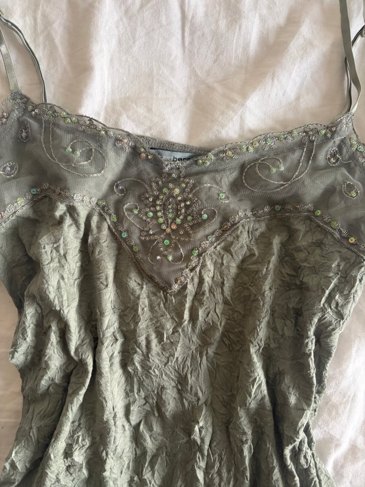 Y2K 2000s forest fairy crinkle cami with sequin and mesh