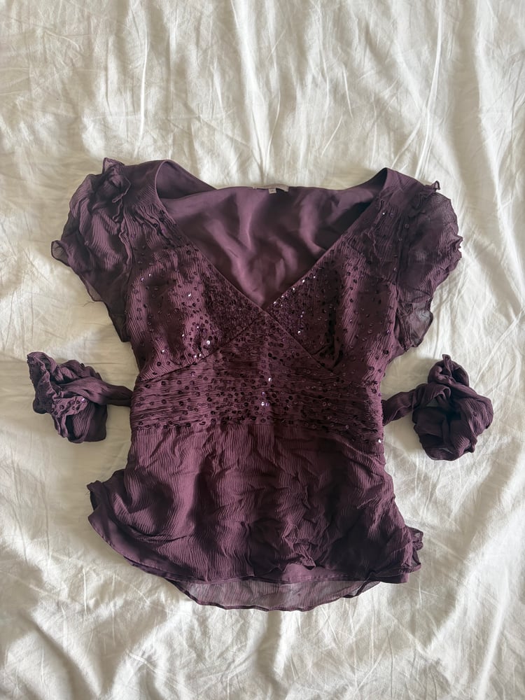 Y2K 00s silk purple gothic whimsy sequin top with side ties
