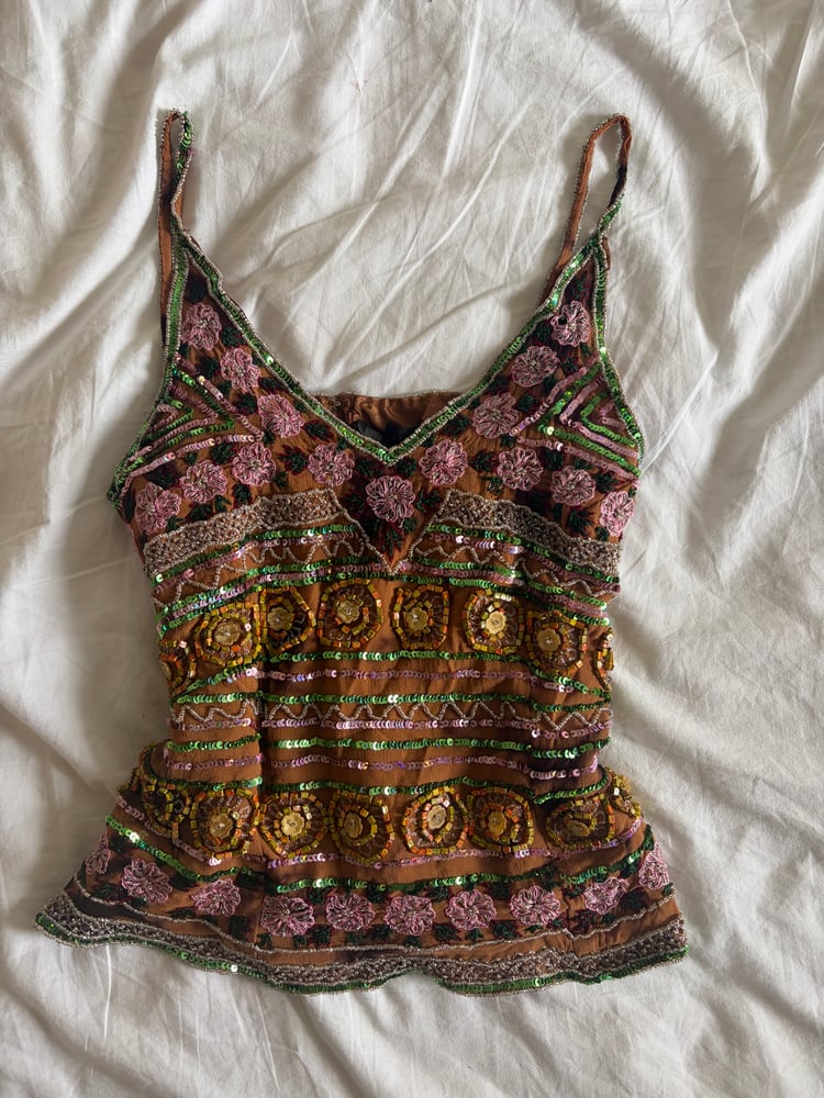 2000s Y2K Rare Brown Forest Fairy Beaded and Sequin Halter Cami