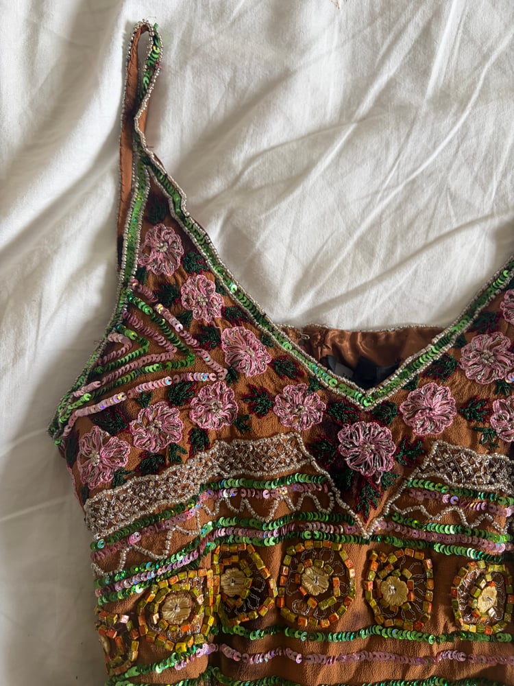 2000s Y2K Rare Brown Forest Fairy Beaded and Sequin Halter Cami