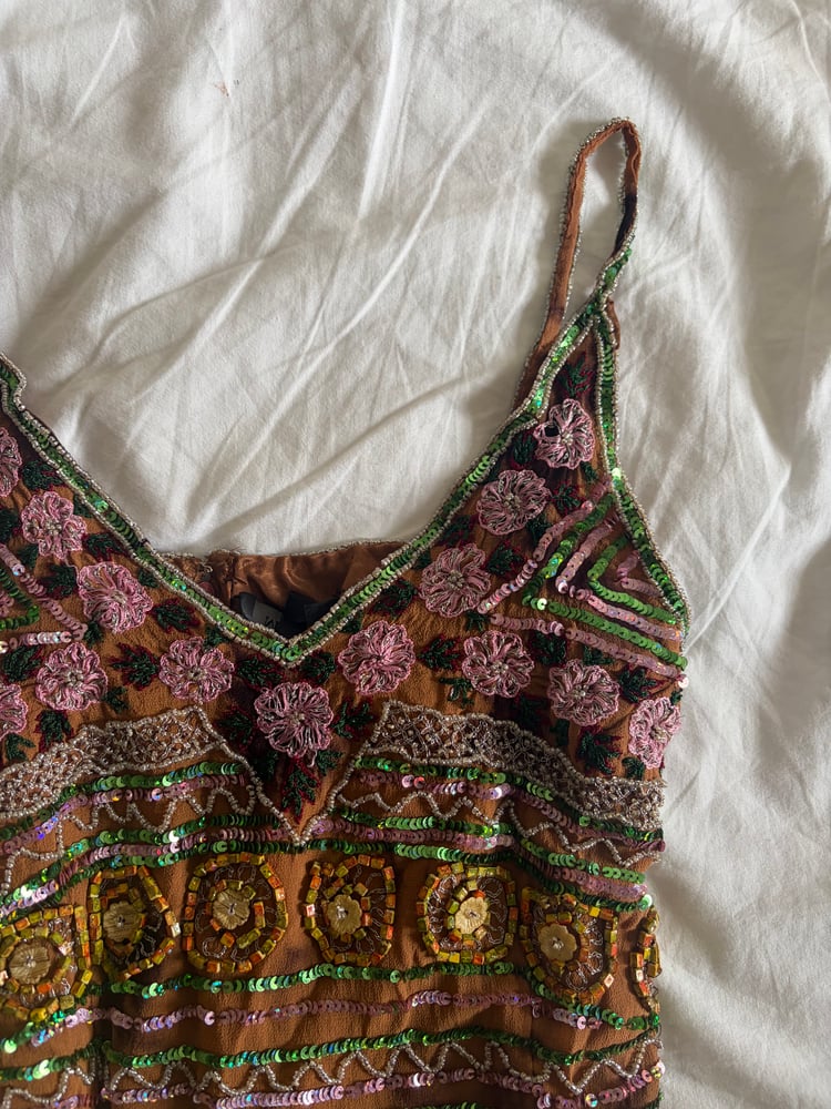 2000s Y2K Rare Brown Forest Fairy Beaded and Sequin Halter Cami