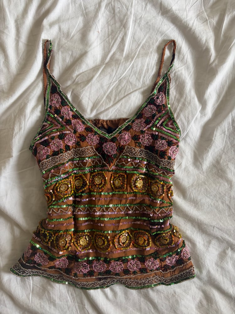 2000s Y2K Rare Brown Forest Fairy Beaded and Sequin Halter Cami