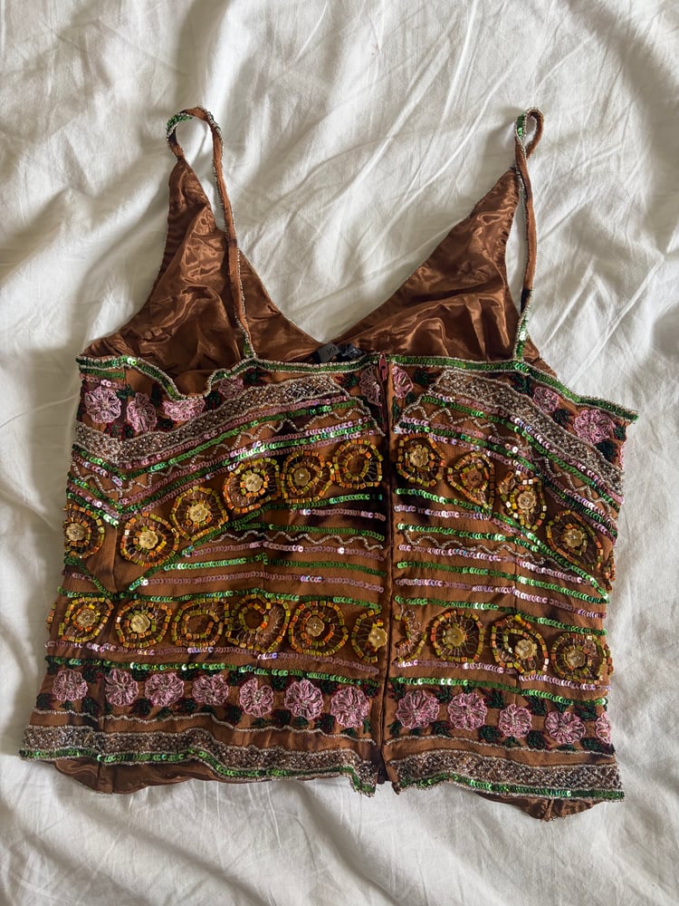 2000s Y2K Rare Brown Forest Fairy Beaded and Sequin Halter Cami