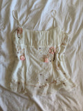 Y2K 2000s white corset style cami with pink applique flowers, embroidery, sequins and beads