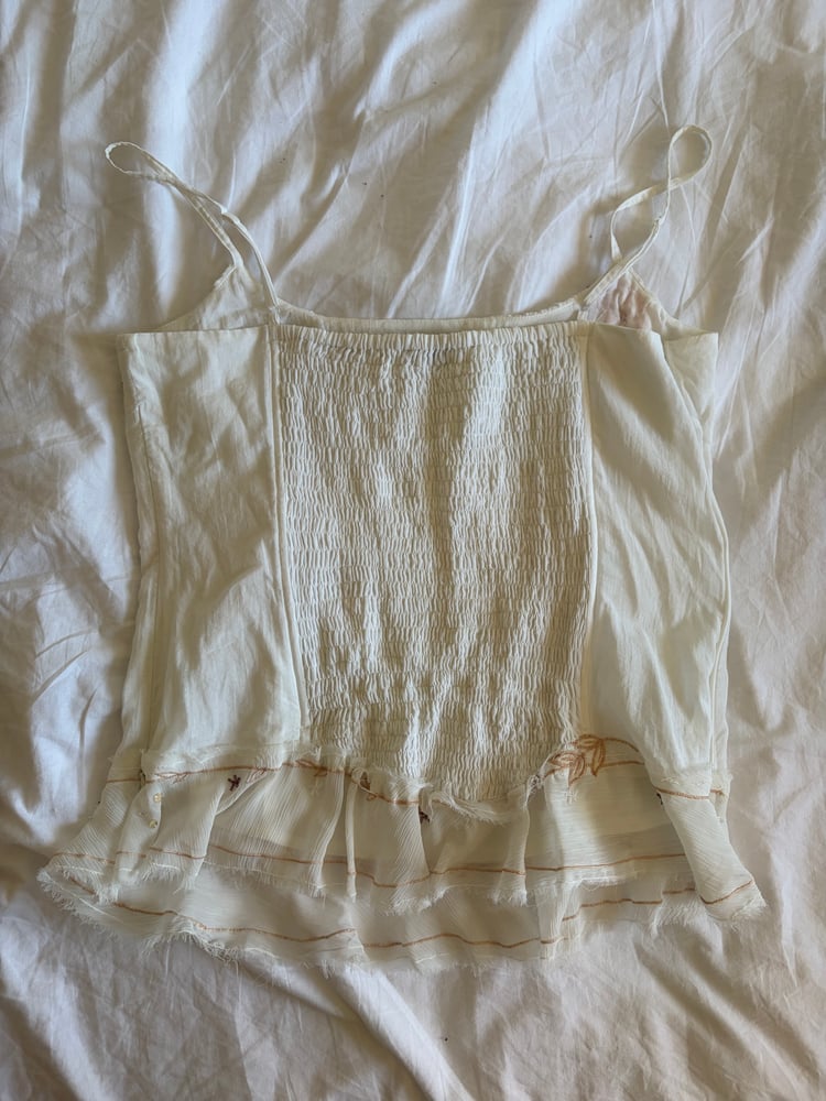 Y2K 2000s white corset style cami with pink applique flowers, embroidery, sequins and beads