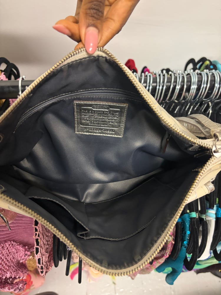 2012 Coach Poppy Signature Grey and Silver Metallic Hippie Shoulder Bag
