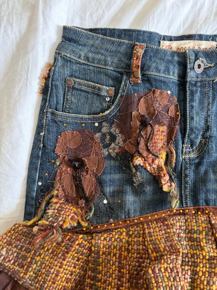 Vintage Y2K 2000s rare archival embellished denim ruffle skirt with floral appliqué