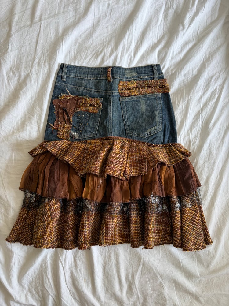 Vintage Y2K 2000s rare archival embellished denim ruffle skirt with floral appliqué