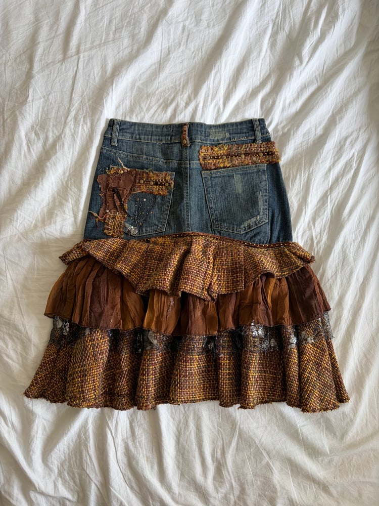 Vintage Y2K 2000s rare archival embellished denim ruffle skirt with floral appliqué