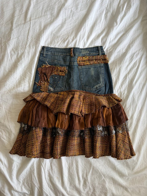 Vintage Y2K 2000s rare archival embellished denim ruffle skirt with floral appliqué