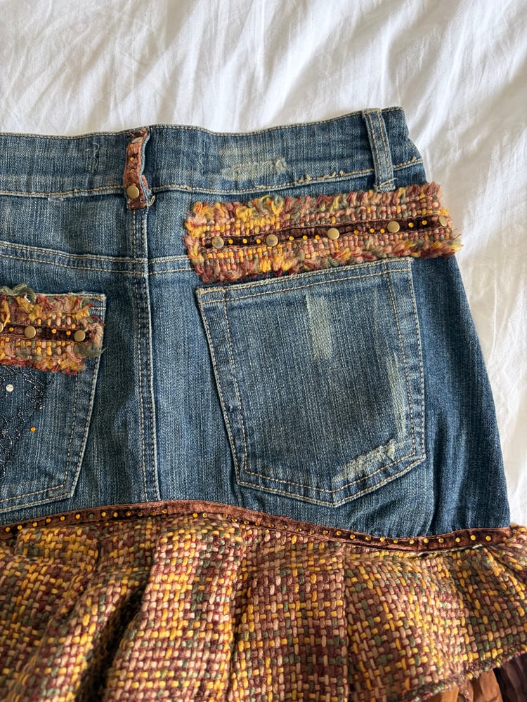 Vintage Y2K 2000s rare archival embellished denim ruffle skirt with floral appliqué