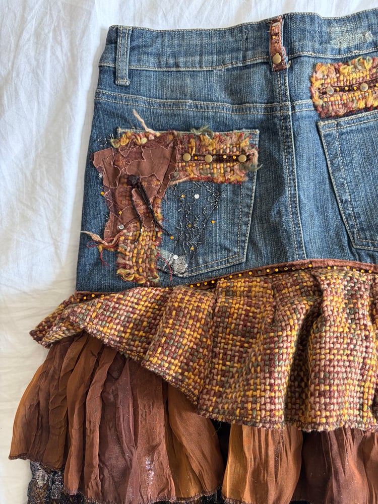 Vintage Y2K 2000s rare archival embellished denim ruffle skirt with floral appliqué