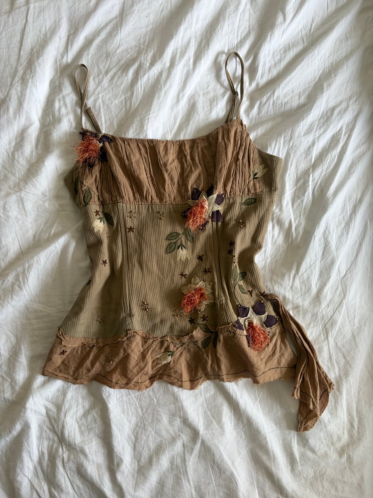 Vintage Y2K woodland fairy corset style cami with floral appliqué and beading