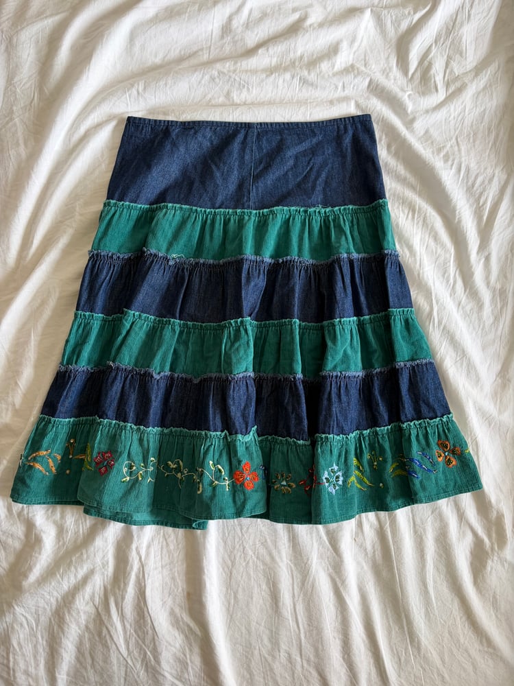 Vintage Y2K denim and cord contrast midi skirt with embroidered hem with beading