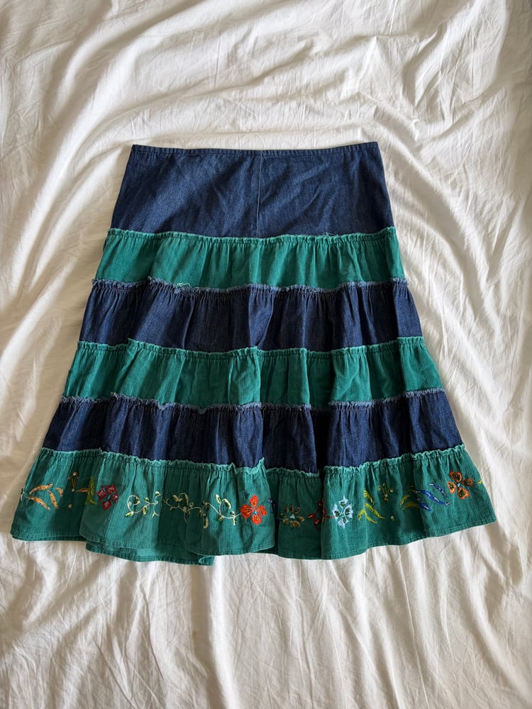 Vintage Y2K denim and cord contrast midi skirt with embroidered hem with beading