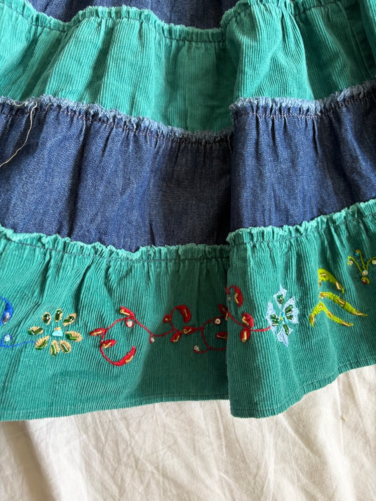 Vintage Y2K denim and cord contrast midi skirt with embroidered hem with beading