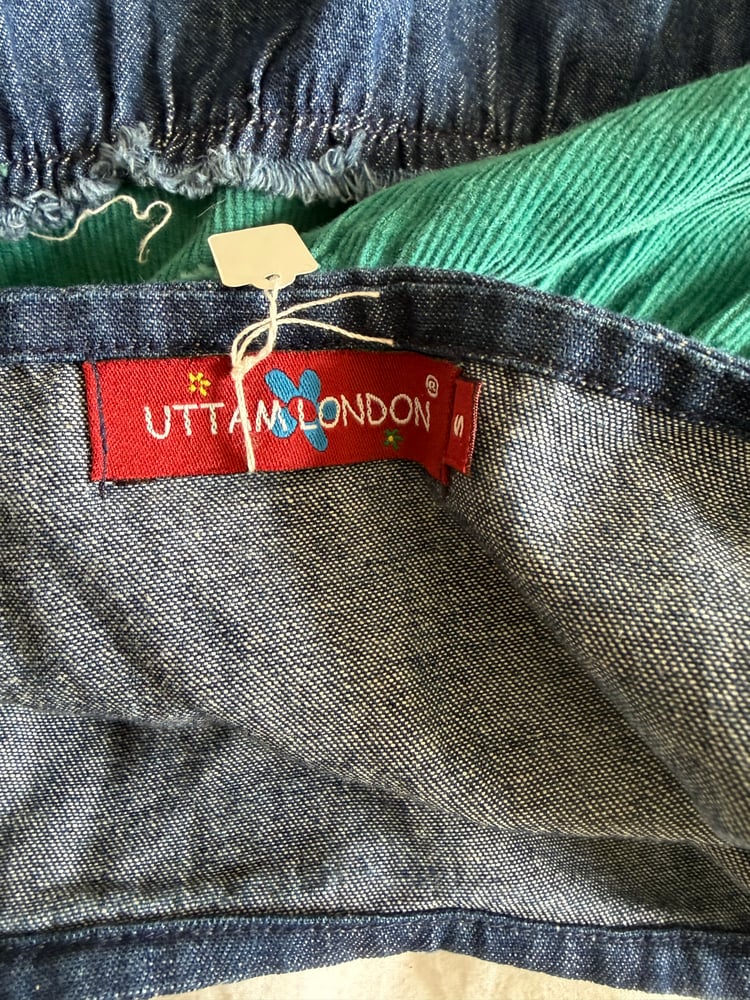 Vintage Y2K denim and cord contrast midi skirt with embroidered hem with beading