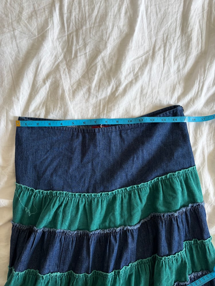 Vintage Y2K denim and cord contrast midi skirt with embroidered hem with beading