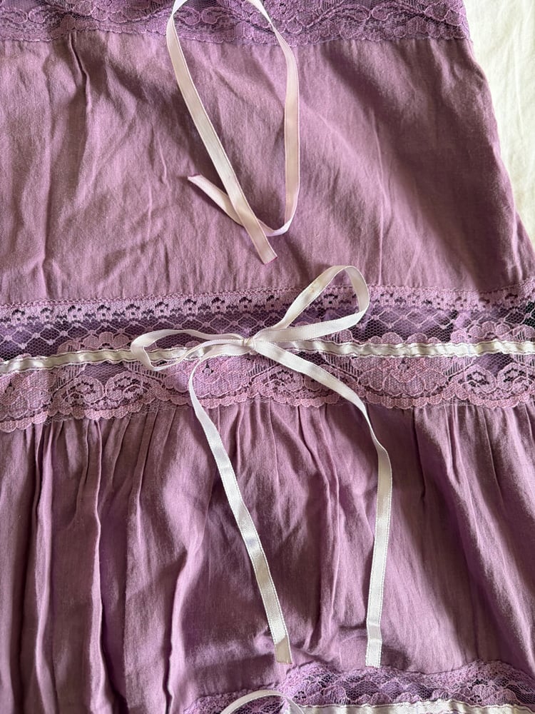 Vintage Y2K purple tiered maxi skirt with lace and ribbon