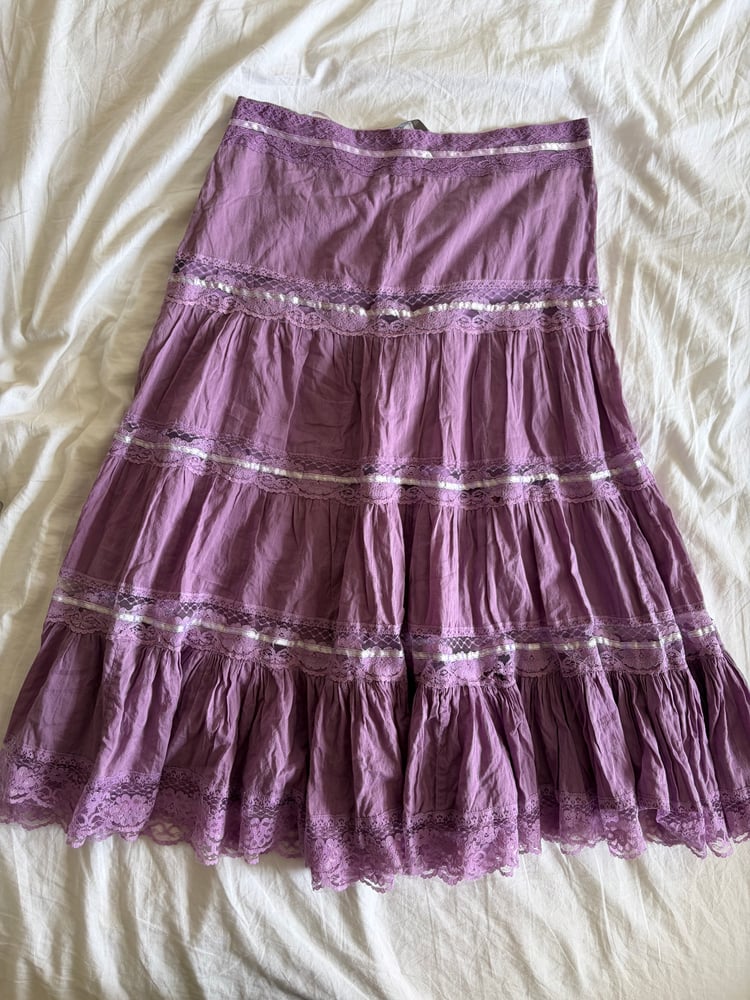 Vintage Y2K purple tiered maxi skirt with lace and ribbon