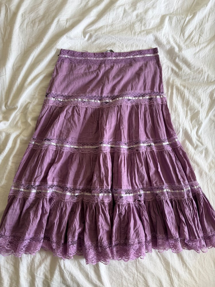 Vintage Y2K purple tiered maxi skirt with lace and ribbon
