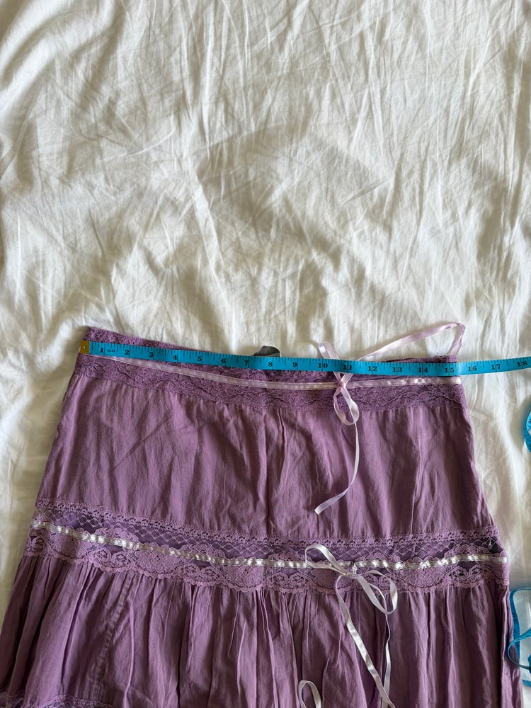 Vintage Y2K purple tiered maxi skirt with lace and ribbon