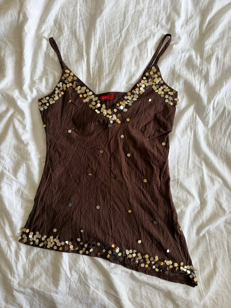 Vintage Y2K asymmetrical hem embellished brown cami