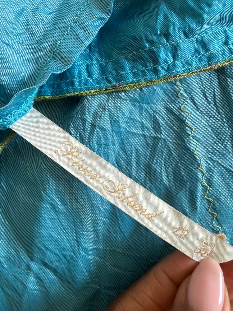 Vintage Y2K blue embellished cami with gree lace and embroidery