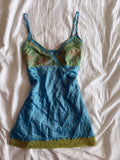 Vintage Y2K blue embellished cami with gree lace and embroidery