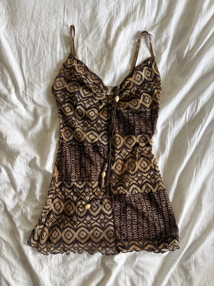 Vintage Y2K brown boho cami with o ring halter neck and beaded detail