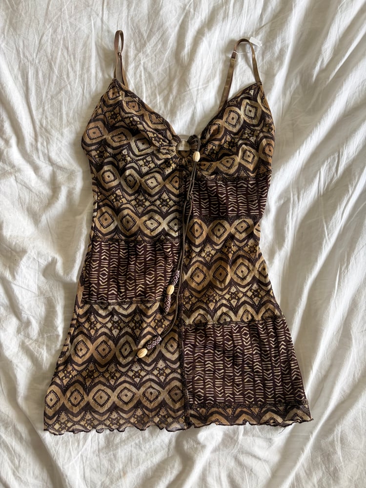 Vintage Y2K brown boho cami with o ring halter neck and beaded detail