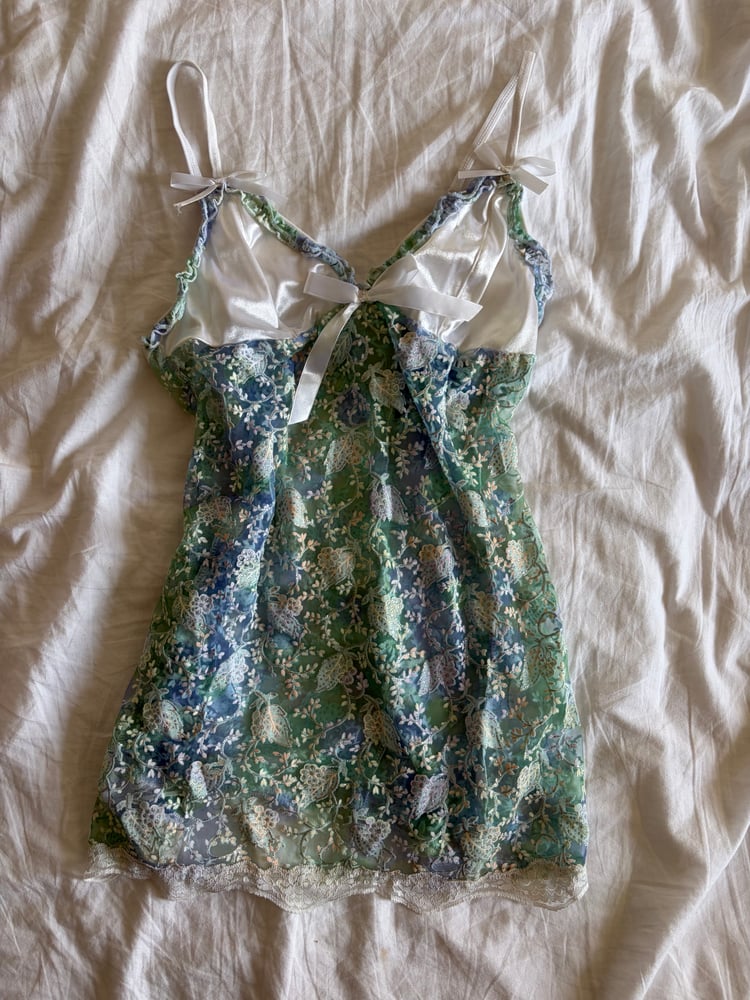 Vintage Y2K green and blue mermaid lace babydoll cami with ribbon detail