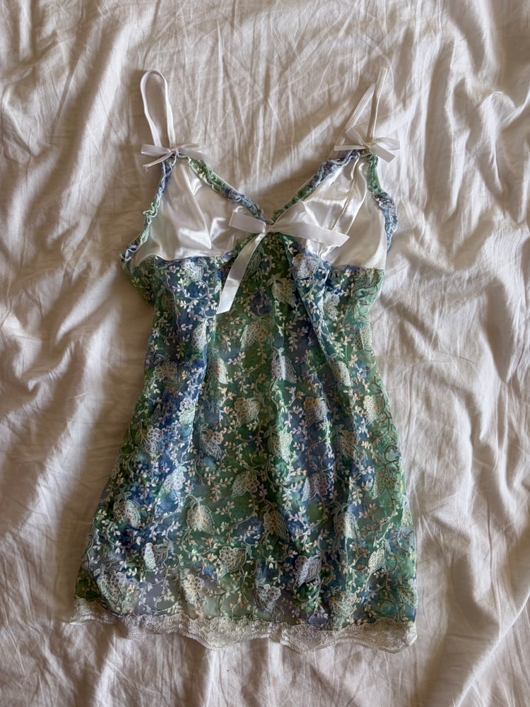 Vintage Y2K green and blue mermaid lace babydoll cami with ribbon detail