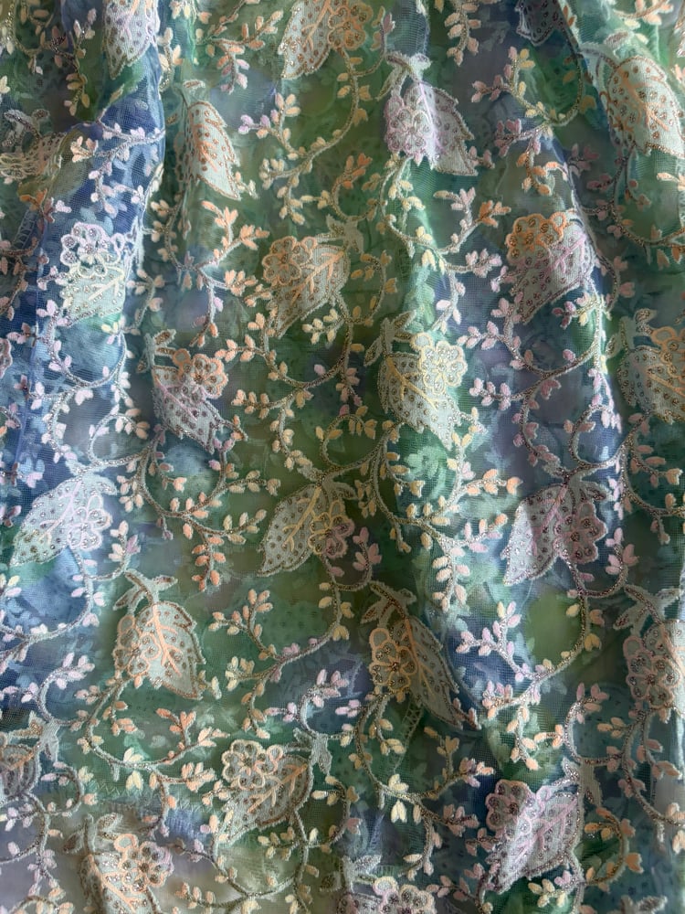 Vintage Y2K green and blue mermaid lace babydoll cami with ribbon detail