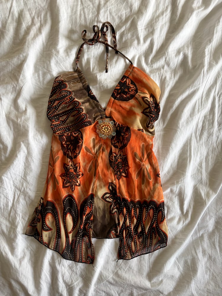 Vintage Y2K Orange and brown boho halter neck with embellishment