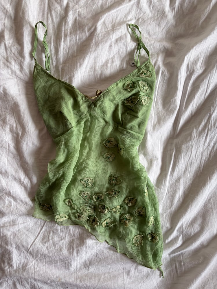 Vintage Y2K Lipsy rare asymmetrical hem green silk cami with floral appliqué