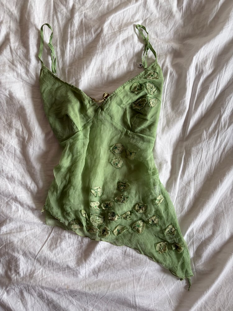 Vintage Y2K Lipsy rare asymmetrical hem green silk cami with floral appliqué