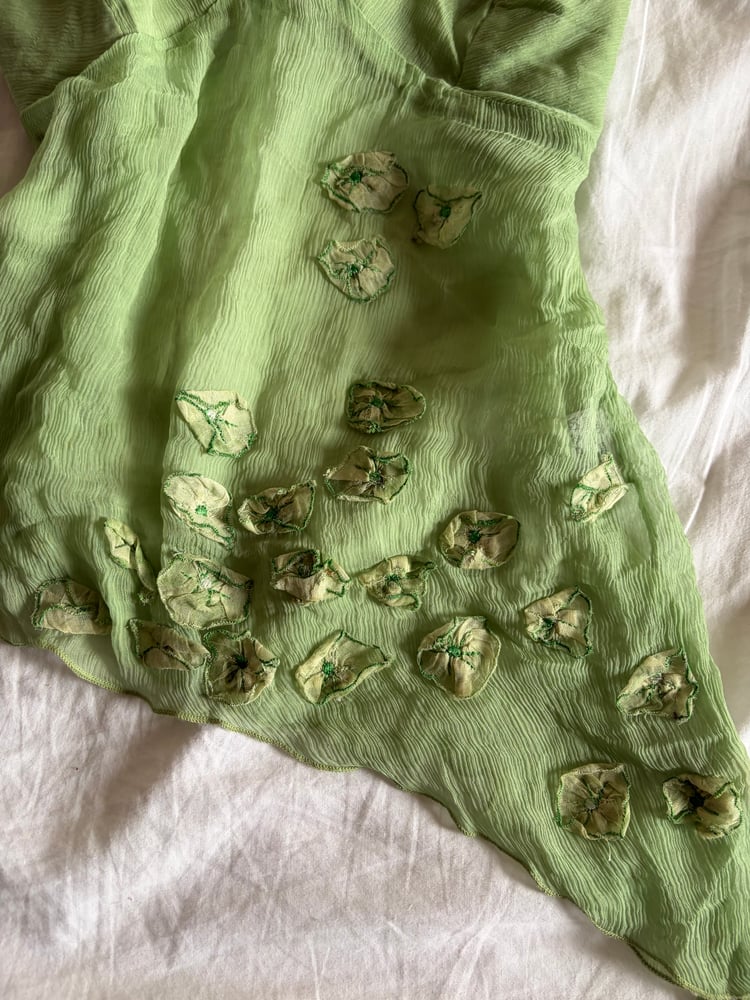 Vintage Y2K Lipsy rare asymmetrical hem green silk cami with floral appliqué