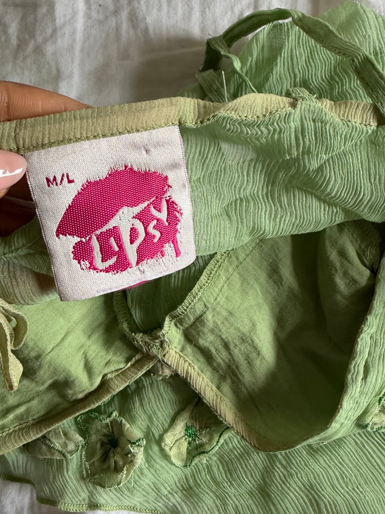Vintage Y2K Lipsy rare asymmetrical hem green silk cami with floral appliqué