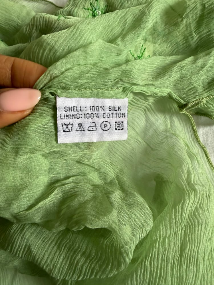 Vintage Y2K Lipsy rare asymmetrical hem green silk cami with floral appliqué